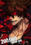 1boy :d black_shirt brown_eyes brown_hair copyright_request english_text followers guilty_gear guilty_gear_xrd hankuri headband jacket long_hair looking_at_viewer male_focus number open_mouth red_jacket sanpaku shirt smile sol_badguy solo thank_you