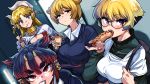  4girls :t absurdres bangs blonde_hair blue_eyes breasts bubble_tea chopsticks collared_shirt cup drinking_straw earrings eating eyebrows_visible_through_hair food fuchibeppu_chiyuri fukumaaya glasses highres holding holding_chopsticks holding_cup holding_food horns hot_dog instant_ramen jewelry ketchup large_breasts looking_at_viewer multiple_girls mustard navy_blue_skirt noodles oni open_mouth pleated_skirt pointy_ears ramen ramen red_eyes sausage sharp_teeth shirt short_hair skirt skull_earrings smile sweater teeth thick_eyebrows violet_eyes white_skirt 