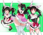  1girl :o ;d alternate_costume ascii_media_works black_footwear black_hair breasts bushiroad commentary_request cute enmaided from_behind garter_straps green_background hair_ribbon hands_on_hips kurokawa_makoto long_hair looking_at_viewer love_live! love_live!_school_idol_project maid moe multiple_views one_eye_closed open_mouth puffy_short_sleeves puffy_sleeves red_eyes ribbon sash shoes short_sleeves sitting small_breasts smile sunrise_(studio) thigh-highs twintails two-tone_background v_arms white_legwear wrist_cuffs yazawa_nico 