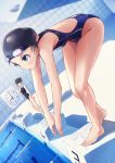  2girls absurdres back_cutout barefoot black_hair black_swimsuit blue_eyes blue_swimsuit blurry blush breasts clock competition_swimsuit depth_of_field dripping dutch_angle feet goggles goggles_on_head groin highleg highleg_swimsuit highres lane_line leaning_forward light_particles multiple_girls one-piece_swimsuit open_mouth original pool poolside refraction shiny shiny_clothes shiny_skin short_hair shun&#039;ya_(daisharin36) standing starting_block swim_cap swimsuit tile_wall tiles toenails water wet 