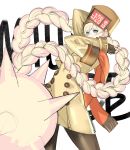  1girl arms_up blonde_hair brown_legwear commentary_request eyebrows_visible_through_hair fingerless_gloves fur_hat gloves green_eyes guilty_gear guilty_gear_strive hat highres long_hair millia_rage orange_scarf pantyhose scarf solo tetsu_(kimuchi) twintails ushanka very_long_hair 