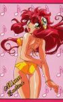  1990s_(style) 1girl arm_grab ass bikini bracelet character_name cowboy_shot floating_hair green_eyes hair_ornament halter_top halterneck idol_project jewelry long_hair lowres mimu_emilton musical_note noritaka_suzuki official_art open_mouth patterned_background redhead solo swimsuit yellow_bikini 