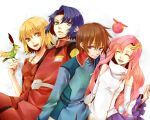  2boys 2girls athrun_zala bird bird_on_hand blonde_hair blue_hair brown_hair cagalli_yula_athha dress green_eyes gundam gundam_seed haro jewelry kira_yamato lacus_clyne military military_uniform multiple_boys multiple_girls pendant pink_hair red_shirt robot robot_animal sakura_(ms_ms_ms) shirt smile uniform violet_eyes yellow_eyes 