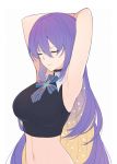  1girl armpits choker closed_eyes collared_shirt cropped_shirt gradient_hair highres hololive hololive_indonesia midriff moona_hoshinova multicolored_hair pak_ce purple_hair ribbon shirt simple_background sleeveless sleeveless_shirt solo star stretch upper_body virtual_youtuber white_background 