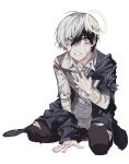  1boy adnachiel_(arknights) arknights blood halo highres injury kneeling namazuouko solo torn_clothes white_background white_hair yellow_eyes 