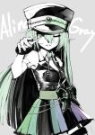  1girl alina_gray bangs black_bow black_headwear black_vest bow breasts character_name collared_shirt green_eyes green_hair green_skirt grey_background hair_between_eyes hand_up hat long_hair looking_at_viewer magia_record:_mahou_shoujo_madoka_magica_gaiden mahou_shoujo_madoka_magica monochrome one_eye_closed parted_lips peaked_cap rin2008 shirt simple_background skirt small_breasts solo very_long_hair vest white_shirt 