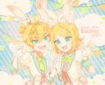  1boy 1girl 2020 animal_ears bangs blonde_hair blue_eyes bow character_name clouds commentary easter formal gloves hair_bow hand_up highres holding_hands jacket kagamine_len kagamine_rin looking_at_viewer neckerchief necktie open_mouth rabbit rabbit_ears red_vest short_hair short_ponytail smile spiky_hair star string_of_flags striped striped_background suit suit_jacket swept_bangs upper_body v-shaped_eyebrows vest vocaloid waving white_bow white_gloves white_jacket yamada_ichi yellow_neckwear 