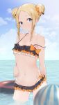  1girl abigail_williams_(fate/grand_order) ball bangs bare_shoulders beachball bikini black_bikini black_bow blonde_hair blue_eyes blue_sky blush bow breasts closed_mouth collarbone double_bun emerald_float fate/grand_order fate_(series) forehead frilled_bikini frills highres innertube long_hair looking_at_viewer multiple_bows navel ocean orange_bow parted_bangs parusu_(ehyfhugj) sky small_breasts solo strap_slip swimsuit thighs wading 