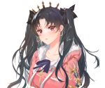  1girl bangs black_hair blush breasts corpse_(pixiv) earrings fate/grand_order fate_(series) hoop_earrings ishtar_(fate)_(all) ishtar_(fate/grand_order) ishtar_(swimsuit_rider)_(fate) jacket jewelry long_hair long_sleeves looking_at_viewer pink_hoodie pink_jacket red_eyes simple_background solo swimsuit tiara two_side_up white_background white_swimsuit 