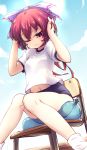  1girl alternate_costume balloon bare_legs bow buruma chair closed_mouth commentary_request covering_ears day gym_uniform hair_bow isu_(is88) one_eye_closed purple_bow red_eyes redhead sekibanki shirt short_hair short_sleeves simple_background sitting socks solo sweat touhou white_shirt 