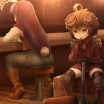  2girls ahoge alternate_costume animal_ears arm_rest bar bar_stool bench boots breastplate brown_footwear brown_hair brown_vest bunny_tail carrot_necklace commentary_request counter denim ear_covers eating facing_away from_behind gauntlets greaves holding holding_hammer inaba_tewi jeans light_particles long_hair long_sleeves looking_to_the_side multiple_girls pants purple_hair rabbit_ears red_eyes reisen_udongein_inaba shirosato shirt short_hair shoulder_armor sitting spaulders stool tail touhou vambraces very_long_hair vest white_shirt wooden_floor 