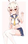  1girl absurdres ayanami_(azur_lane) azur_lane bangs bare_shoulders beige_background black_choker blue_skirt blush breasts choker clothing_request collarbone commentary_request ero_mang-a eyebrows_visible_through_hair hair_between_eyes hair_ornament headgear highres long_hair looking_at_viewer medium_breasts navel orange_eyes ponytail simple_background skirt solo thigh-highs white_legwear 