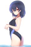  1girl alternate_costume ass azu_ankoowl black_swimsuit blue_hair competition_swimsuit cowboy_shot highres idolmaster idolmaster_shiny_colors looking_at_viewer medium_hair morino_rinze one-piece_swimsuit red_eyes short_hair simple_background solo swimsuit white_background 