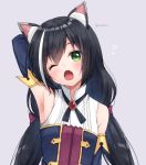  1girl ;o animal_ear_fluff animal_ears anz32 arm_up armpits bangs bare_shoulders black_hair blue_sleeves blush breasts cat_ears commentary_request detached_sleeves eyebrows_visible_through_hair fang green_eyes grey_background hair_between_eyes head_tilt kyaru_(princess_connect) long_hair long_sleeves low_twintails multicolored_hair one_eye_closed open_mouth princess_connect! princess_connect!_re:dive shirt simple_background sleeveless sleeveless_shirt small_breasts solo streaked_hair twintails twitter_username upper_body white_hair white_shirt 