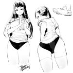  ass bottle breasts buruma ejami greyscale gym_uniform long_hair looking_at_viewer medium_hair monochrome multiple_girls original short_sleeves simple_background water_bottle white_background 