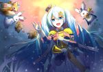  1girl :d ahoge bangs blue_eyes blue_hair bow dutch_angle eyebrows_visible_through_hair floating_hair gloves hair_between_eyes hair_ornament hatsune_miku highres holding holding_instrument instrument jacket long_hair looking_at_viewer open_mouth pleated_skirt rabbit_yukine skirt smile snowflakes so_ra_01_02 solo standing twintails very_long_hair vocaloid white_bow white_gloves white_skirt x_hair_ornament yuki_miku 