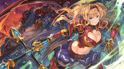  1boy 1girl armor bazaraga blonde_hair blue_eyes granblue_fantasy hair_intakes hairband helmet highres keg midriff navel o-ring o-ring_top polearm red_armor spear thigh-highs twintails weapon zeta_(granblue_fantasy) 