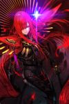  1girl black_bodysuit bodysuit boots cape closed_mouth copyright_request glint hair_over_one_eye hankuri holding holding_sword holding_weapon jewelry katana knee_boots long_hair necklace one_eye_covered red_cape red_eyes redhead solo sword weapon 