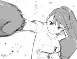  1girl alternate_costume alternate_hairstyle boxing_gloves commentary_request greyscale highres kantai_collection long_hair masukuza_j monochrome motion_blur motion_lines ooi_(kantai_collection) punching shirt solo t-shirt upper_body 