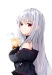  1girl arknights artist_name black_dress breasts bubble_tea bubble_tea_challenge chinese_commentary closed_mouth cup detached_sleeves dress drinking_glass expressionless eyebrows_visible_through_hair hair_between_eyes highres large_breasts leria_v long_hair looking_at_viewer red_eyes signature silver_hair simple_background skadi_(arknights) solo straight_hair turtleneck upper_body white_background 