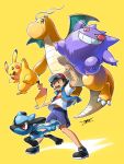  1boy baseball_cap black_hair brown_eyes dragonite gen_1_pokemon gen_4_pokemon gengar hat highres pikachu pokemon pokemon_(anime) pokemon_swsh_(anime) red_eyes riolu satoshi_(pokemon) yellow_background 