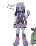  1girl :o beanie black_eyes clenched_hand commentary_request creature dress gen_4_pokemon hat korean_commentary korean_text long_hair looking_at_viewer pokemon pokemon_(creature) pokemon_(game) pokemon_dppt poketch scarf simple_background standing translation_request turtwig watch watch white_background white_headwear 