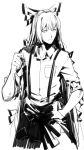  1girl bow breast_pocket closed_mouth cowboy_shot fujiwara_no_mokou greyscale hair_bow hand_in_pocket hand_up long_hair looking_to_the_side monochrome pants pocket ruukii_drift simple_background solo standing suspenders touhou very_long_hair white_background 