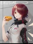  1girl :o apple_pie arknights bangs breasts character_name commentary_request exusiai_(arknights) food halo hand_up high_collar highres holding holding_food id_card indoors jacket letterboxed looking_at_viewer medium_breasts open_mouth ougi_(u_to4410) partial_commentary pie raglan_sleeves red_eyes redhead short_hair short_sleeves solo upper_body white_jacket 