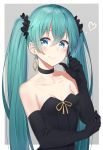  1girl absurdres aqua_eyes aqua_hair bare_shoulders bibboss39 black_choker black_clothes black_gloves blush choker collarbone elbow_gloves gloves grey_background hair_between_eyes hatsune_miku highres long_hair scrunchie smile solo twintails upper_body very_long_hair vocaloid 