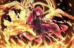  1girl absurdres ahoge bodysuit coat covered_navel flat_chest highres jewelry katana long_hair looking_at_viewer open_mouth pendant red_eyes redhead shakugan_no_shana shana shiny shiny_clothes skin_tight sleeveless solo sword taimanin_suit th-asary800 weapon 