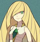  1girl blonde_hair blue_background breasts closed_mouth commentary_request frown green_eyes long_hair looking_at_viewer lusamine_(pokemon) pokemon pokemon_(game) pokemon_sm shiwo_(siwosi) simple_background sleeveless small_breasts solo upper_body 