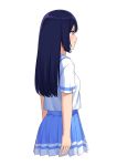  1girl absurdres arms_at_sides black_hair blue_sailor_collar blue_skirt blush breasts closed_mouth collarbone erezu from_side hibike!_euphonium highres kitauji_high_school_uniform kousaka_reina long_hair looking_afar looking_away pleated_skirt profile sailor_collar school_uniform serafuku shirt short_sleeves simple_background skirt small_breasts solo violet_eyes white_background white_shirt 