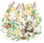  1boy 1girl animal_ears aqua_eyes bangs blonde_hair blush_stickers boots bow bread bunny_tail chibi closed_eyes clover_hair_ornament commentary easter easter_egg egg facing_viewer food grin hair_bow hair_ornament holding holding_food holding_shovel hole kagamine_len kagamine_rin kinugasa_moduru looking_at_viewer open_mouth rabbit_ears short_hair short_ponytail shovel smile spiky_hair swept_bangs tail vocaloid 