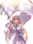  1girl absurdres armor bangs bare_shoulders blonde_hair blue_eyes breasts bridal_gauntlets closed_mouth dau4a eyebrows_visible_through_hair fate/apocrypha fate_(series) flag headpiece highres holding holding_flag jeanne_d&#039;arc_(fate) jeanne_d&#039;arc_(fate)_(all) large_breasts long_hair looking_at_viewer simple_background smile solo white_background 