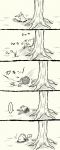  clouds cloudy_sky commentary_request creature gen_7_pokemon greyscale highres lying mimikyu monochrome on_back outdoors outers pokemon pokemon_(creature) sky standing tree 