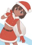  1girl blush brown_eyes brown_hair child commentary dark-skinned_female dark_skin dark-skinned_female dutch_angle female gloves hair_between_eyes hat holding_bag looking_at_viewer midriff navel omodaka_(nitera1041) original red_gloves sack santa_costume santa_gloves santa_hat short_hair simple_background smile solo 