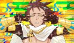  1boy anger_vein armlet black_gloves black_shirt bracer brown_hair cape clenched_teeth cropped_shirt dark_skin dark_skinned_male double_v earrings egasumi egyptian egyptian_clothes emotional_engine_-_full_drive fate/grand_order fate/prototype fate/prototype:_fragments_of_blue_and_silver fate_(series) gloves hands_up highres jewelry looking_at_viewer necklace ozymandias_(fate) parody shiromantou shirt short_hair solo sparkle teeth v white_cape yellow_background yellow_eyes 