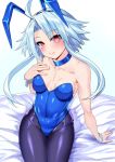  1girl absurdres ahoge animal_ears blue_hair blush breasts bunnysuit covered_navel fishnet_legwear fishnets gloves highres looking_at_viewer neptune_(series) nyamota on_bed pantyhose rabbit_ears red_eyes short_hair short_hair_with_long_locks sitting small_breasts smile solo white_heart wrist_cuffs 