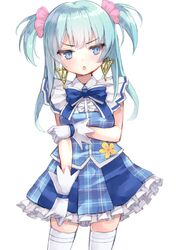  1girl arm_grab arm_under_breasts bangs blue_eyes blue_hair blue_skirt blue_vest blush breasts center_frills collared_shirt earrings eyebrows_visible_through_hair frilled_skirt frills gloves hair_ribbon jewelry magia_record:_mahou_shoujo_madoka_magica_gaiden mahou_shoujo_madoka_magica minami_rena parted_lips pink_ribbon plaid plaid_skirt plaid_vest ribbon rin2008 shirt simple_background skindentation skirt sleeveless sleeveless_shirt small_breasts solo thigh-highs two_side_up v-shaped_eyebrows vest white_background white_gloves white_legwear white_shirt 