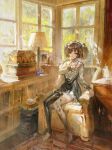  1girl absurdres book bookshelf couch cup highres kvpk5428 lamp original painting scenery sitting teacup twintails window 