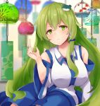  1girl arm_support arm_up blue_skirt blurry blurry_background breasts detached_sleeves eyebrows_visible_through_hair frog_hair_ornament green_eyes green_hair hair_between_eyes hair_ornament hair_tubes head_tilt highres index_finger_raised kochiya_sanae large_breasts leaning_to_the_side light_frown long_hair looking_at_viewer nontraditional_miko ri_cochet sidelocks sitting skirt solo touhou very_long_hair wind_chime 