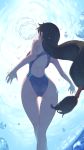  1girl air_bubble ass black_hair blue_swimsuit bubble competition_swimsuit final_fantasy final_fantasy_vii freediving from_behind full_body highres long_hair low-tied_long_hair one-piece_swimsuit rou_(rou22) solo swimsuit thigh_gap tifa_lockhart underwater 