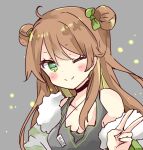  1girl ;) ahoge bangs bare_shoulders blush bow brown_hair camouflage_jacket closed_mouth commentary double_bun dress eyebrows_visible_through_hair fur-trimmed_sleeves fur_trim girls_frontline green_bow green_eyes grey_background grey_dress hair_between_eyes hair_bow highres jacket long_hair off_shoulder one_eye_closed open_clothes open_jacket rfb_(girls_frontline) simple_background sleeveless sleeveless_dress smile solo tsukiyo_(skymint) upper_body 