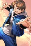  1boy blue_jacket blue_pants brown_eyes brown_hair copyright_request cowboy_shot dutch_angle grey_hoodie hankuri hood hood_down hoodie jacket legs_apart long_sleeves looking_at_viewer male_focus open_clothes open_jacket open_mouth pants sie_kensou smile snk solo the_king_of_fighters 