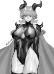  1girl armor arms_behind_back breasts cape closed_mouth collarbone greyscale highres horns ierotak leotard mole mole_under_eye monochrome original pauldrons pointy_ears see-through short_hair simple_background sketch solo thigh-highs turtleneck white_background 