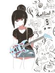  1girl @_@ arm_behind_back bangs black_eyes blunt_bangs blush blush_stickers denim denim_shorts graffiti guitar highres instrument kuruma94 medium_hair no_mouth original shorts simple_background sketch solo standing white_background 