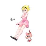  1boy 1girl billy_(grim_adventures) blonde_hair breasts dress ejami graphite_(medium) hairband looking_at_viewer mandy short_hair simple_background small_breasts the_grim_adventures_of_billy_&amp;_mandy traditional_media white_background 