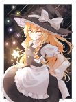  1girl apron black_headwear blonde_hair bow braid commentary cowboy_shot hair_bow hand_on_hip hat hat_bow highres kirisame_marisa long_hair looking_at_viewer puffy_short_sleeves puffy_sleeves shooting_star short_sleeves single_braid smile solo star touhou waist_apron white_bow witch_hat yellow_eyes yosshii_(ne_ko_matter) 