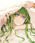  1boy 1other artist_name bangs bed_sheet blanket close-up ede enkidu_(fate/strange_fake) eyebrows_visible_through_hair eyes_visible_through_hair fate/grand_order fate_(series) fingernails gilgamesh green_eyes green_hair hair_between_eyes highres holding jewelry lips long_hair looking_at_viewer lying on_stomach open_mouth smile teeth twitter_username 