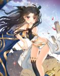  absurdres armlet asymmetrical_legwear asymmetrical_sleeves bangs bikini black_hair corpse_(pixiv) detached_collar detached_sleeves earrings fate/grand_order fate_(series) gem gold_trim heavenly_boat_maanna highres hoop_earrings ishtar_(fate)_(all) ishtar_(fate/grand_order) jewelry neck_ring parted_bangs pelvic_curtain red_eyes single_detached_sleeve single_thighhigh swimsuit thigh-highs tiara two_side_up weapon white_bikini 